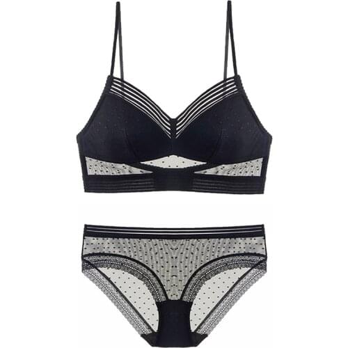 Sexy U Backless Invisible Bra Set Thin Cup Striped Polka Dots Mesh Bra and Panties Set Underwear without Stones Lingerie Women