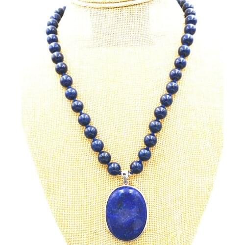 Beautiful 10MM blue Lapis Lazuli Beads & 30x40mm Pendant Necklace 18 " WW