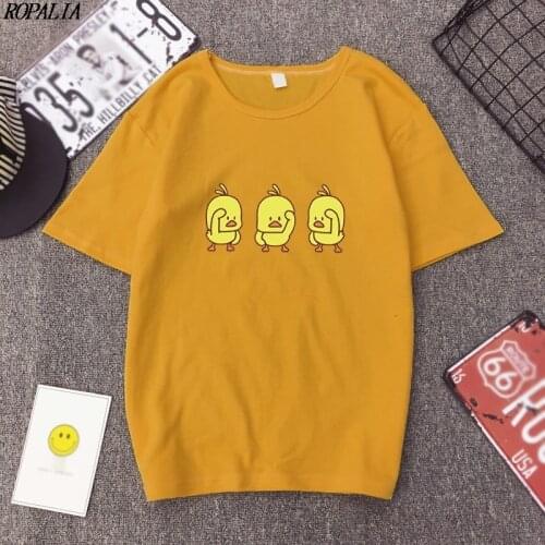 Summer Women Short Sleeve T shirt Round O Neck Cartoon Print T-Shirt Femme Girl Tee Top Yellow White tshirt