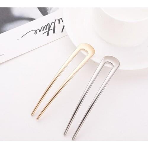 Chinese Style Metal U Shaped Hair Stick Fork Clip Minimalist Vintage Hanfu 2 Prong Updo Chignon Pin Bun Holder Hairpin