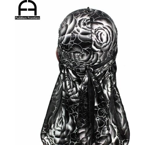 Custom Mens Print Silky Durags Turban Hat Bandanas Headwear Rose Printed Men Silk Durag Long Straps Waves Hair Accessories