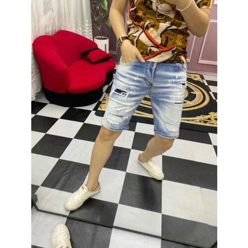 2021 Summer Dsquared2 New Mens Jeans Fashion Washed Hole Patches Micro-Elastic Slim Blue Five-Point Pants