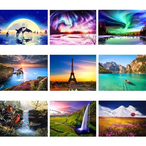 Full circle diamond painting 5D aurora handmade diamond embroidery animal mosaic seaside landscape art kit home decoration gift
