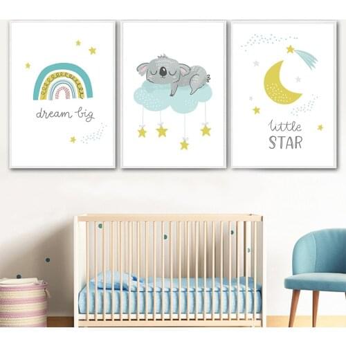 Nursery Moon Clouds Star Rainbow Sleeping Quote Poster Wall Art Canvas Painting Modern Print Baby Kids Room Decoretion Interior