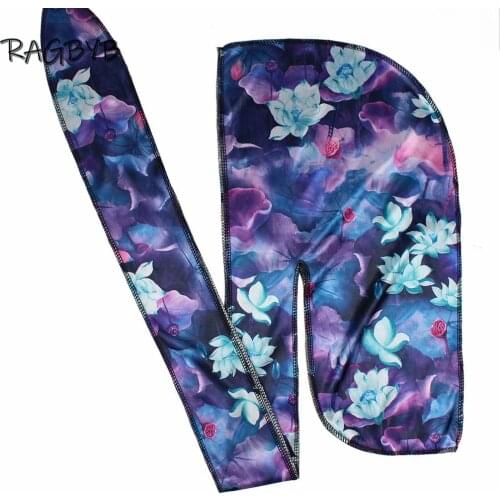 High Quality Thick Silk Durag Floral Printing Silky Durags Bandanas for Men Hair Wave Cap Long Tail Men Silk Durag