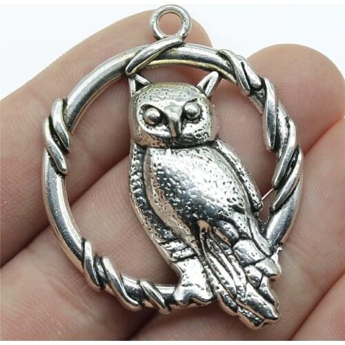 WYSIWYG 2pcs/lot 46x37mm Owl Charms Pendant For Jewelry Making 2 Colors Antique Silver Color Antique Bronze Plated Alloy Charms