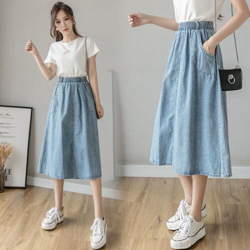 2021 Spring Summer Fashion Women Skirt Solid Color Pocket High Waist Denim Skirt Retro Pleated Denim Midi Skirts Femme Y225