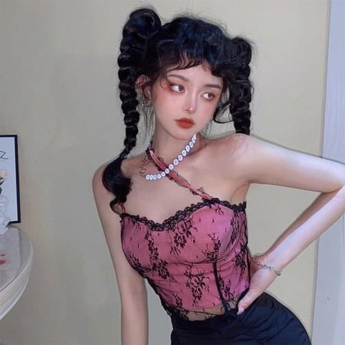 Summer Basic Lace Lady Sexy Camisole Gothic Dark Pink Girl Short Length Camis Skew Collar Goth Street Cool Korean Fashion Cloth