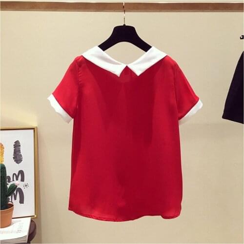 Women Spring Summer Cute Chiffon Blouses Shirts Lady Casual Peter pan Collar Short Sleeve Beading Blusas Tops DD1797