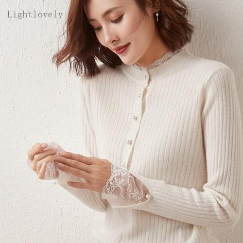 2021 Winter Sweater Women 100% Cashmere Fashion Lace O-neck Pullovers Long Sleeve Solid Loose Tops Soft Female Knitwear Jumper