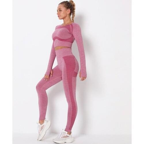 Women Autumn Patchwork Yoga Set Gym Quick Dry Seamless Knitted Sport Suit Elastic Hollow Out Long Sleeve Top +High Waist Legging