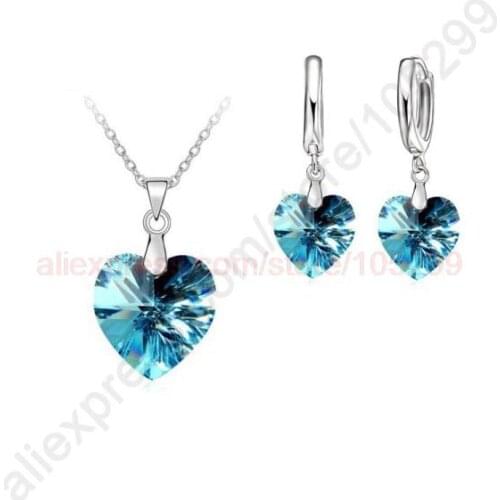 Hot Sale Romantic 5 Color Heart Crysteal Pendant 925 Sterling Silver Jewelry Sets For Woman Girls Party Anniversary Gi
