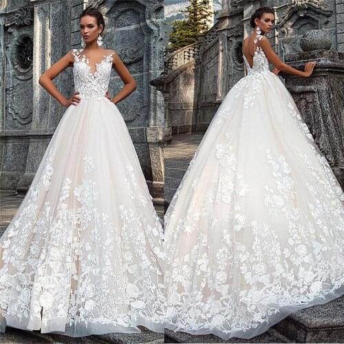 Scoop Neck Lace Appliques Women Wedding Dresses Sleeveless Bridal Gowns V-Shape Back Custom Garden Long Robe De Mariee