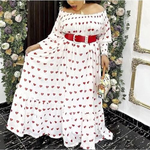 White Dress Women Elegant Chiffon Printed Off Shoulder High Waisted Full Sleeve Floor Length Fashion Evening Night Party Dresses