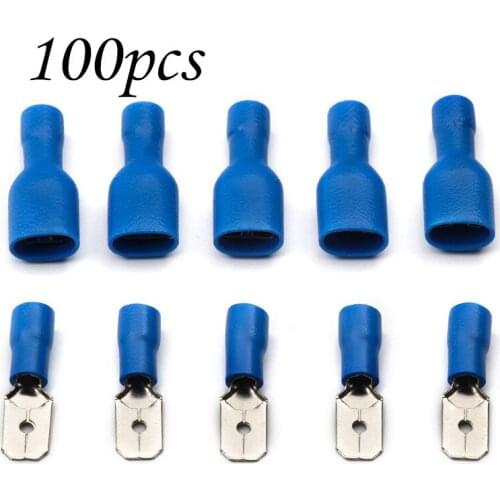 100Pcs FDFD2-250 MDD2-250 Blue Crimp Terminal Female + Male Spade Insulated Electrical Connectors Wiring Cable Plug 1.5-2.5mm2