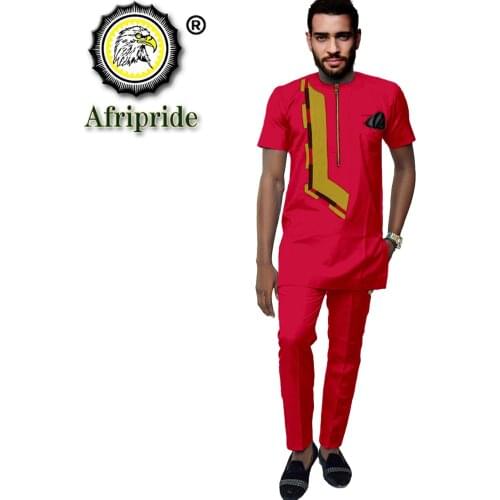 African Clothes for Men Short Sleeve Dashiki Blouse and Pants 2 Piece Set Ankara Outfit Plus Size Suit with Kerchief S2116012