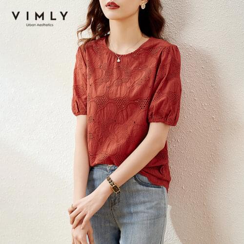 VIMLY Summer Blouse For Women Elegant Lace Shirts Office Lady Oneck Red Blouses Hollow Women Vintage Blusas Female Tops F7813
