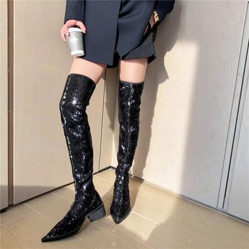 Drestrive Women Over Knee Boots Sequin Cloth Low Heels 5.5 cm Pointed Toe 2020 Spring Black Thick Heel Bling Female Fashion Shoe