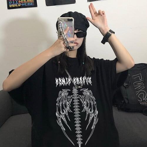 Gothic y2k letter skull women T-shirt short sleeve Harajuku cotton casual oversize loose ins Streetwear tees dark women clothing