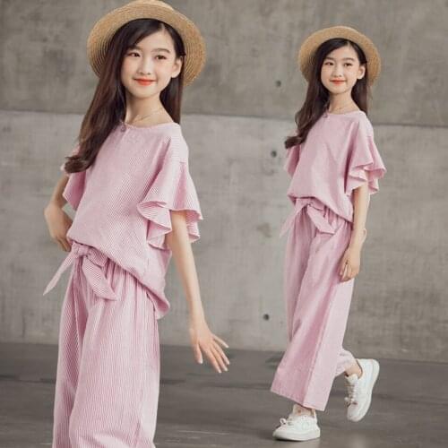 Toddler Girls Clothing Sets 2021 Summer Girls Clothes Frilled Cuffs T Shirt Chiffon Pants Outfit Kids Tracksuit Suit Children