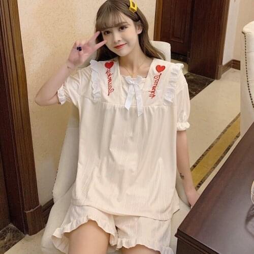 Korea Sweet Girl Summer Cute Square Collar Pure Color Sleepwear Short Sleeve Lace Princess Pajama Set Mujer Home Clothes