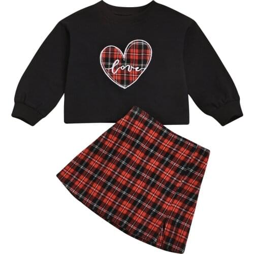 Valentines Day Girl 2T-8T Kids Girls Clothes Sets Heart Plaid Print Long Sleeve Pullover Sweatshirt Tops A-Line Skirts