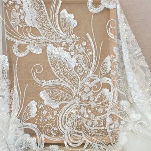 LASUI 1 yard Heavy industry white big wave 3D beaded Sequins lace mesh fabric wedding dress accessories X0835