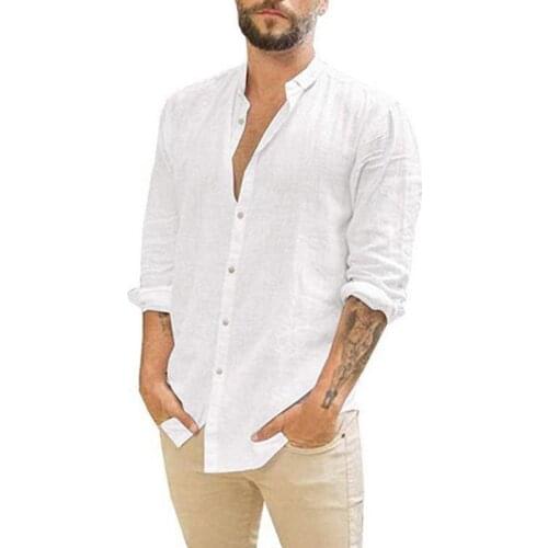 Men Casual Long Sleeve Cotton Linen Shirts Fashion 2021 Spring Autumn Solid Stand Collar Button Cardigan Top For Mens Streetwear