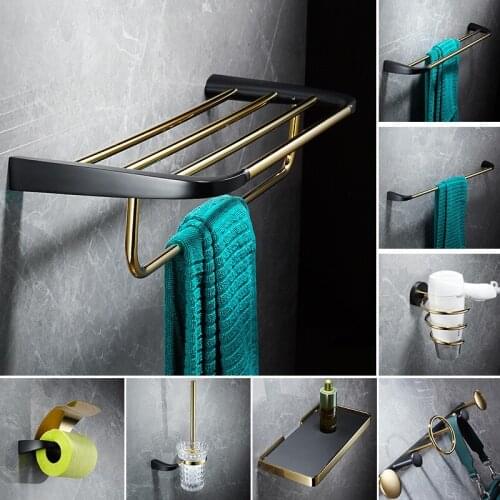 Solid Brass Bathroom Accessories Set Tissue Holder Corner Shelf Basket Towel Rack Toilet Brush Holder Bath Hardware Black Gold