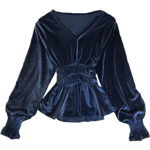 New Spring and Autumn Vintage V-neck Velvet Shirt Women Long-sleeved Shirts Slim Short Bottoming Shirt Female Top NS1390