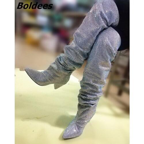 New Arrival Crystal Pointed Toe Thigh High Boots Women Full Rhinestone High Heel Over the Knee Winter Autumn Boots