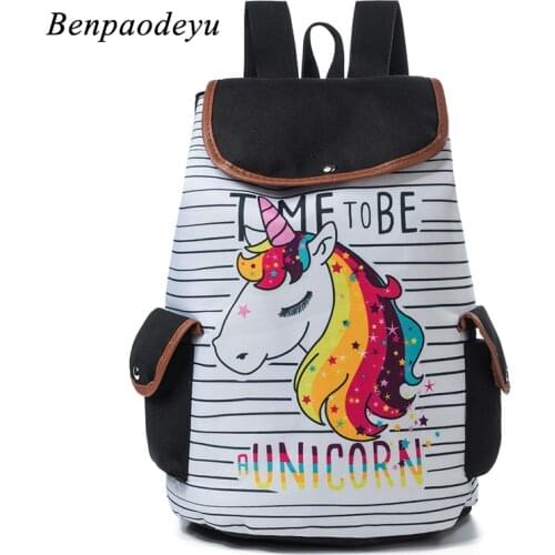 New Kids School Bags for Girls Cute Unicorn Design Female Backpack Drawstring Backpack Canvas Bag Fashion Stripe Travel Backpack