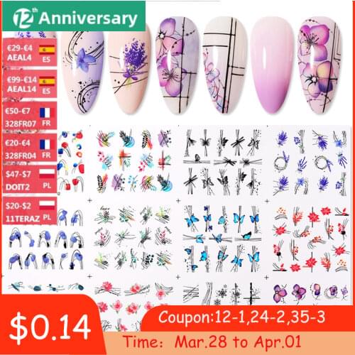 12 Designs Flowers Butterfly Nail Water Decals Stripe Line Leaves Transfer Sliders Stickers DIY Nail Art Decoration Tips Wrap
