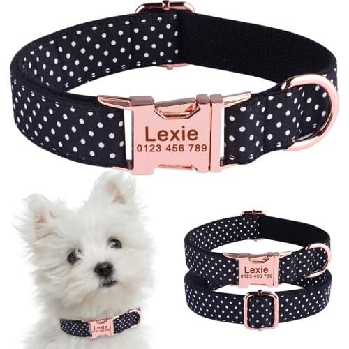 Adjustable Nylon Print White Dots ID Tag Custom Free Dog Collar Puppy Small Large Medium Engraved Pet Information Dogs Collars