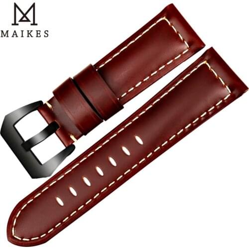 MAIKES Handmade Red Brown Watch Band Accessories High Quality Genuine Leather 22mm 24mm 26mm Watchband Wrist Watch Strap Gifts