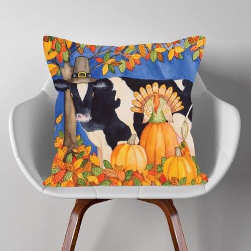 Hand Painting Fall Harvest Pumkpin Cow Cushion Covers Yellow Color Thanksgiving Decorative Linen Pillow Case