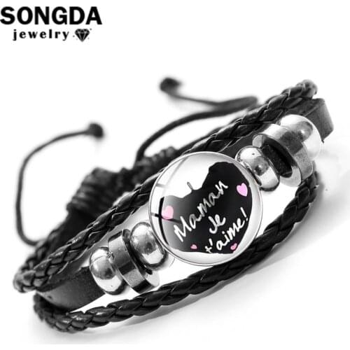 SONGDA New Fashion Je t'aime Maman Papa Bracelet Family Gift Love Mom & Dad Cartoon Pattern Glass Dome Leather Bracelet Pulseras
