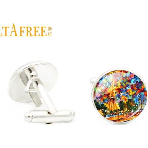 TAFREE vintage Oil Painting glass picture cugglinks elegant men jewelry for weding party Starry Night Moon charm cuff links A547