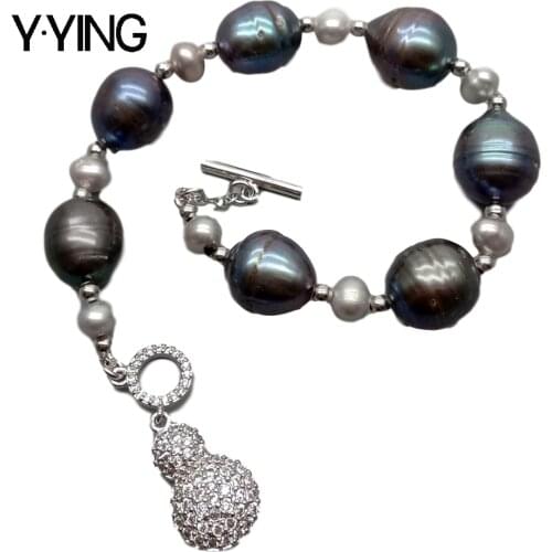 Y·YING natural Cultured Black Rice Pearl Grey Pearl Bracelet 8" office style for women