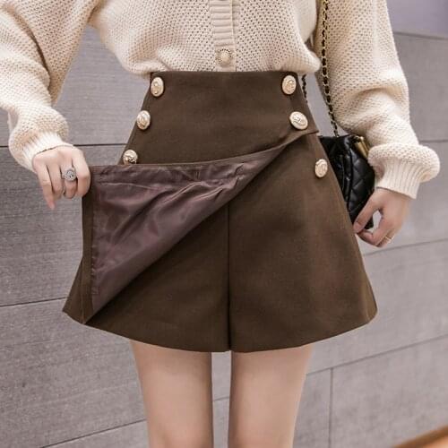 Womens Autumn Winter Irregular Korean Skirts Shorts With Buttons 2020 High Waist Casual Falda Slim Wide Leg Woman Woolen Shorts