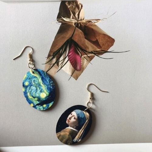 Johannes Oil Painting Art Girls Natural Wood Earrings Fashion Jewelry