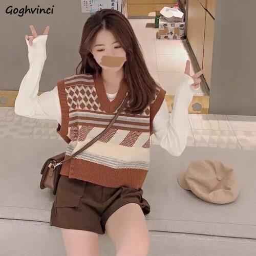 Sweater Vest Women Autumn Patchwork Fashion Design Retro Loose Korean Style Outerwear New Knitted V-neck All-match Simple Sweet