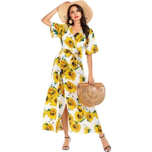 Women Maxi Dress 19 Colors Summer Autumn Long Dress Print Floral Boho Dress Yellow Casual Bohemian Chic Sexy Beach Dress YY-0491