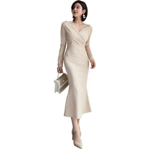 French Style Sheer Lace Patchwork Autumn Winter Dress Women Long Sleeve Bodycon Dress Ladies with Pearl Elegant Fall Dress 2020
