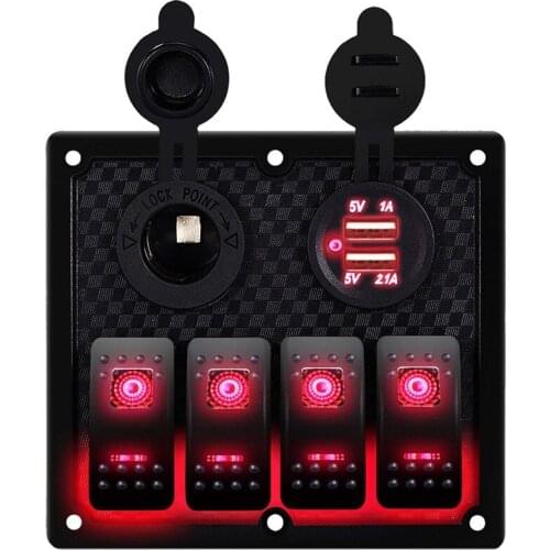 12V-24V 4 Gang Marine Circuit LED Toggle Rocker Switch Panel Breaker Voltmeter with Fuse Double USB for RV Car Boat