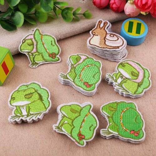50pcs/lot Embroidery Patch Anime Green Animal Frog Hat Snail Clothing Decoration Sewing Accessory Iron Heat Transfer Applique