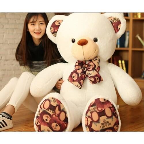 Large 140cm printing bowtie teddy bear plush toy creative toy pillow white bear soft doll throw pillow birthday gift b2114
