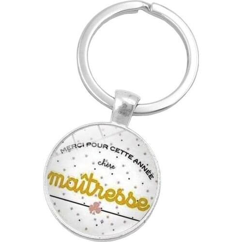 Mens Keychain Jewelry with Silver Color Merci Maitresse Cabochon Glass Car Keychain Ring for Teacher Gift