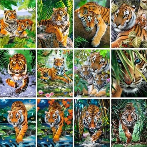 Huacan Square/round Diamond Painting Embroidery Tiger Natural Tree Wall Decor Diamond Mosaic Animal Forest Landscape Diamond Art
