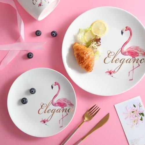 Flamingo Ceramic Dinner Plates Nordic Tableware Bowl Set Cute Ceramic Western Dish Round Plate Serving Dessert Snack Dishes